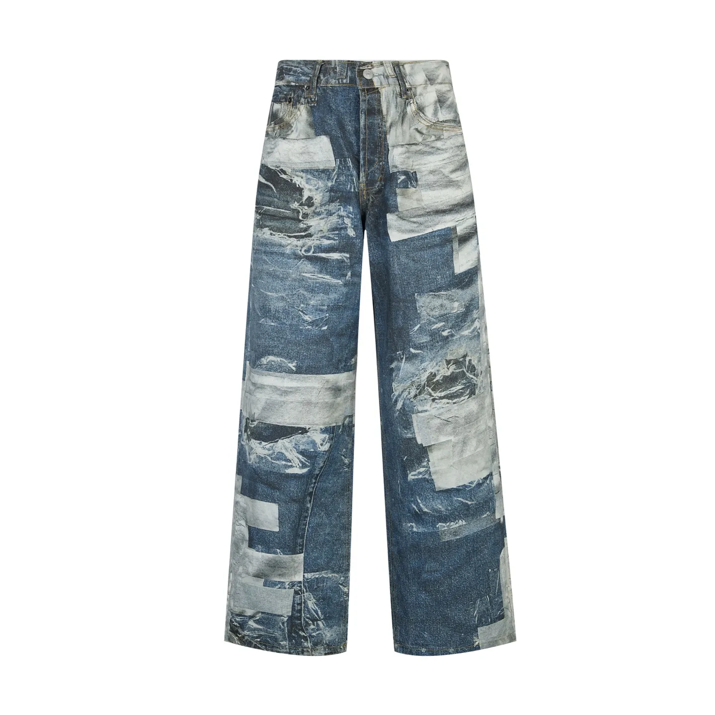 ACN trompe l'oeil print Series denim trousers. Fabric: Made of 12oz 10*7 twill denim pure cotton. Accessories: Buttons are made of electroplated distressed hardware buttons. Technology: Printing adopts 3D direct injection technology, with multiple color combinations to highly restore the original 1:1 effect. Craftsmanship: Chaoyi fried color, 20 pieces per tank customized with the same color and distressed craftsmanship. Craftsmanship: Garment washing, frying, fixing the pattern, fixing the color to add hand feel, etc... This pair of jeans is made of brushed denim, soft to the touch. The seasonal trompe l'oeil print shows floral patterns peeking out from under ripped jeans. These jeans have a relaxed fit with a mid-low rise and wide, loose legs. Accessories: Customized 1:1 washed trademark Accessories: Customized 1:1 electroplated buttons Process: Customized 1:1 illusion printing Size: S-M-L-XL Color: Washed blue Style number: 8886588
